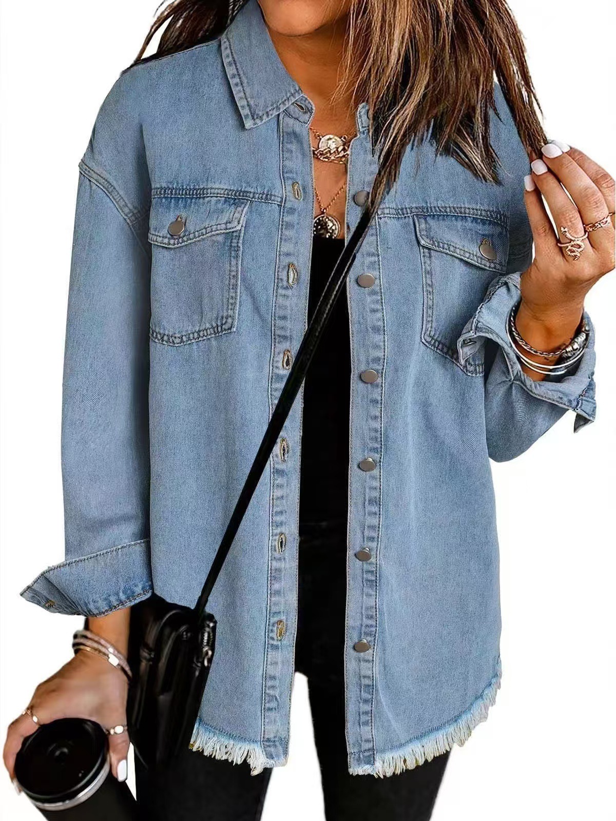 Picture of Cross-border New Washed Denim Shirt Jacket 2024 European and American Women's Autumn and Winter Distinctive Street Style Edge Hem Jacket