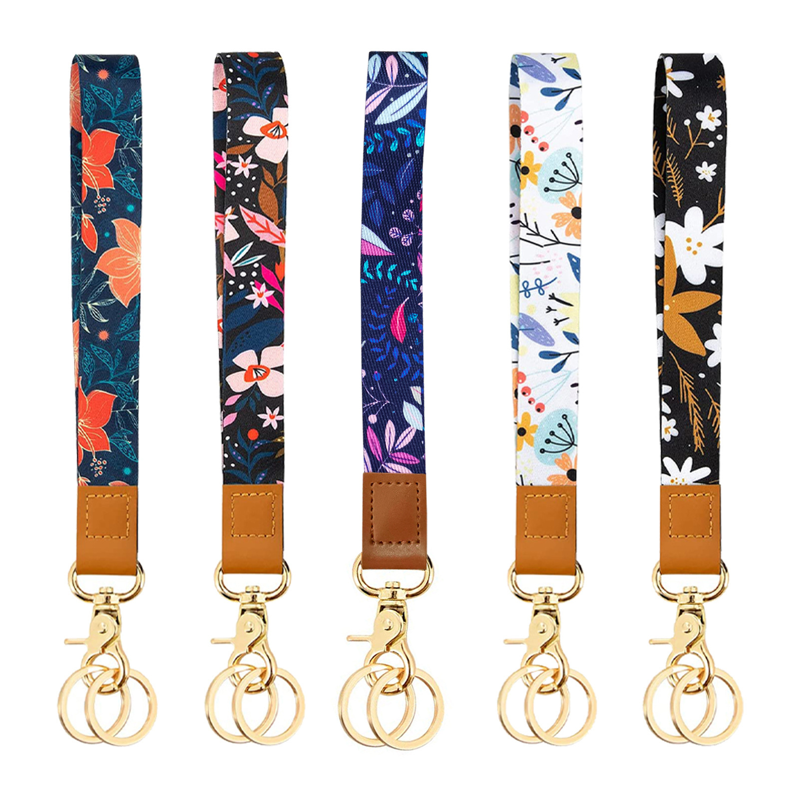 Beautiful Korean style fresh coniferous polyester printed wrist rope with key ring colorful flower card lanyard