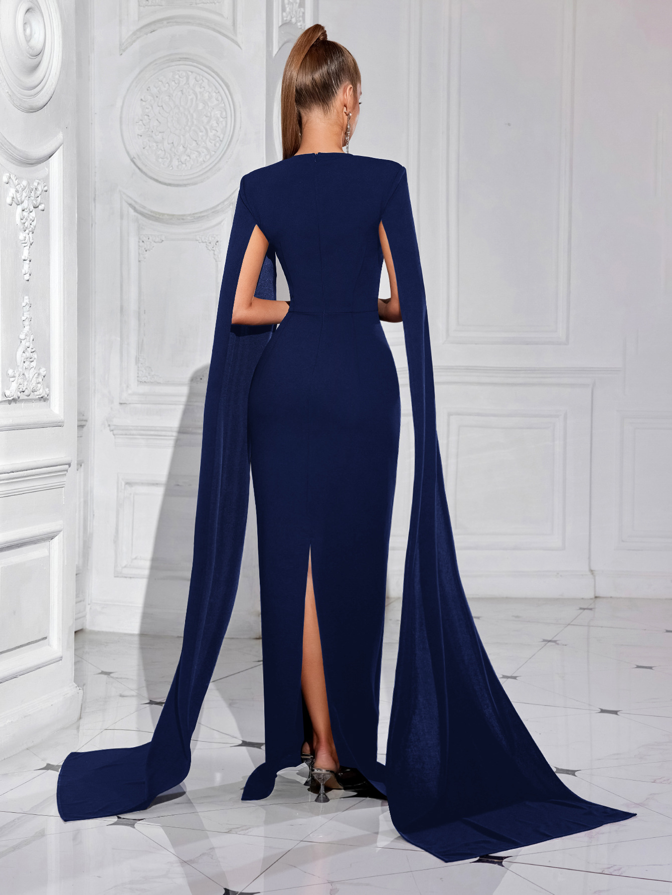 Picture of Europe and the United States Cross-border Sexy One-character Collar Diamond Stitching Evening Dress Mopping Long-sleeved Rear Split Solid Color Banquet dress