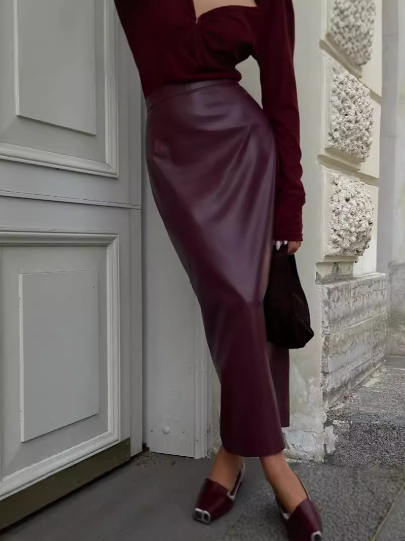 Cross-border Amazon 2024 Autumn New Fashion Sexy High-end Leather Skirt High Waist Slim-fit Vented Hip Skirt