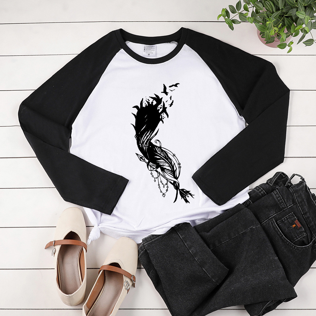 2021Wish Cross Women's shirt Bird Feather Pattern Round Neck Women's Raglan Long Sleeve T-Shirt