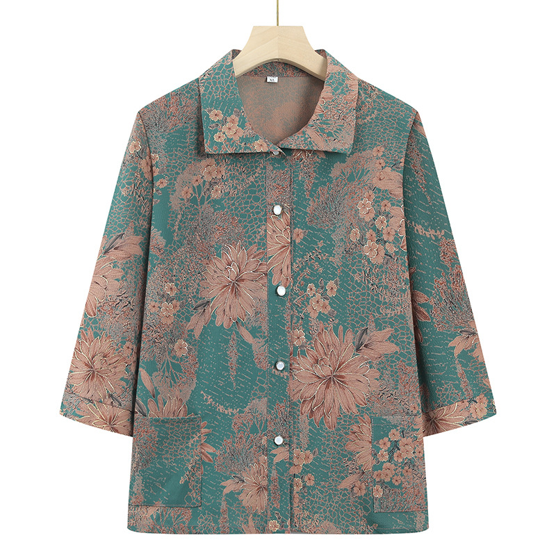 Picture of Grandma's summer mid-sleeve shirt for middle-aged and elderly women's shirt 70-year-old 80 mother lapel shirt for elderly