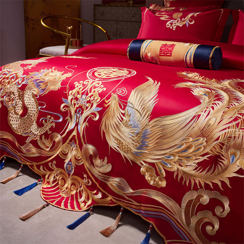 High-End 120S Pure Cotton Long-Staple Cotton Wedding Four-Piece Set New Chinese Style Dragon and Phoenix Embroidery Wedding Red Bedding