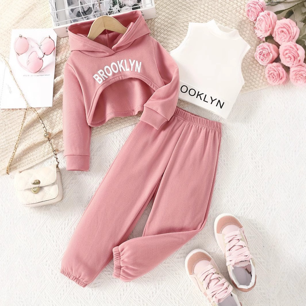 Spring and Autumn European and American Girls College Style Sweatshirt Sweet and Hot High Neck Vest Stacked Bottoming Pants Letter Printed Three-Piece Set