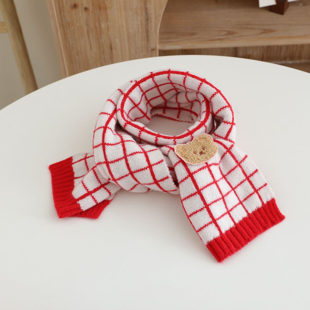Picture of Children's Woolen Scarf Korean Style Color-Blocked Stripesd Knitted Embroidered Korean Bear Cute Woolen Scarf for Boys and Girls