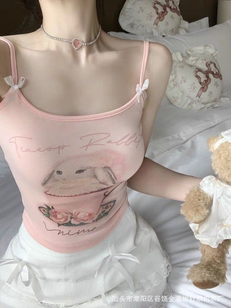 Pure Desire Style Inner Small Camisole Vest Women's Online Hot Spice Girl Outer Wear Cartoon Short Backing Underwear with Chest Pad