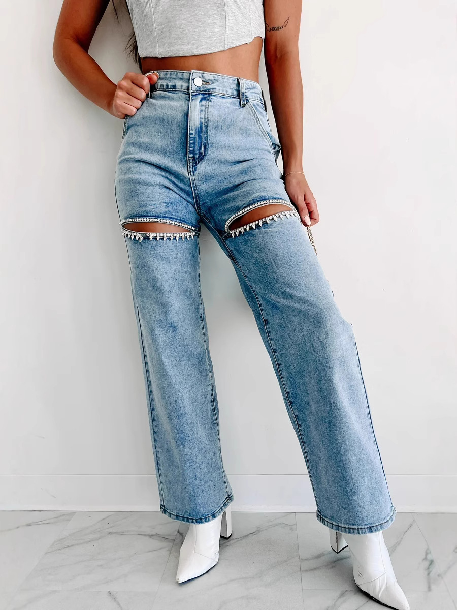 Picture of Cross-border Amazon eBay2025 New Chain Ripped Straight Jeans Washed Fashion High Waist Jeans for Women