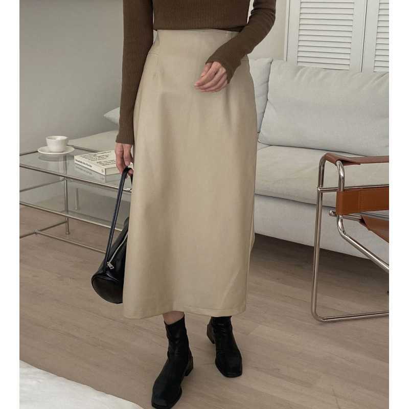 Picture of Autumn Niche Retro High Waist Slimming Side Pocket Design Leather Bust Skirt Leather Skirt