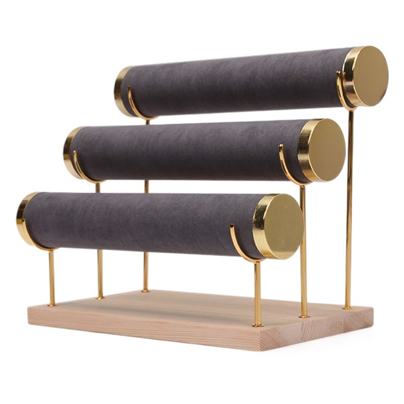 New Bracelet Bracelet Display Stand Three-Layer Wooden Bottom Golden Iron Jewelry Props Display Watch Display Stand