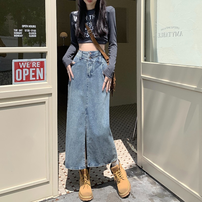 Designed Slit Denim Skirt for Women Summer 2024 New High WAist Slimming Look Hip Retro A-line Mid-length Skirt