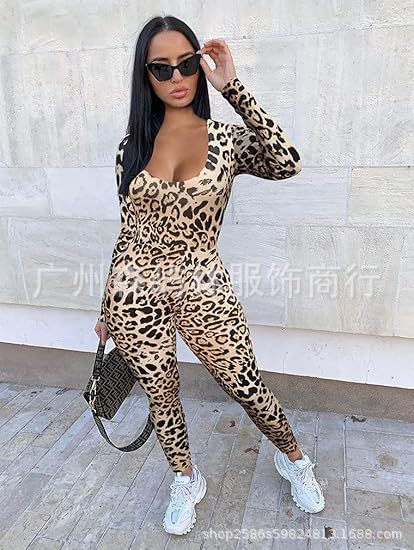 Cross-border New European and American Halloween Sexy Fashion Leopard Print Tight Pants Round Neck Long Sleeve Waist Tight Pants