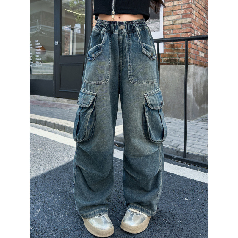 Girls Spring New Jeans Children's 2025 New Casual Wide Leg Crane Pants Big Children's Straight Tube Loose Pants