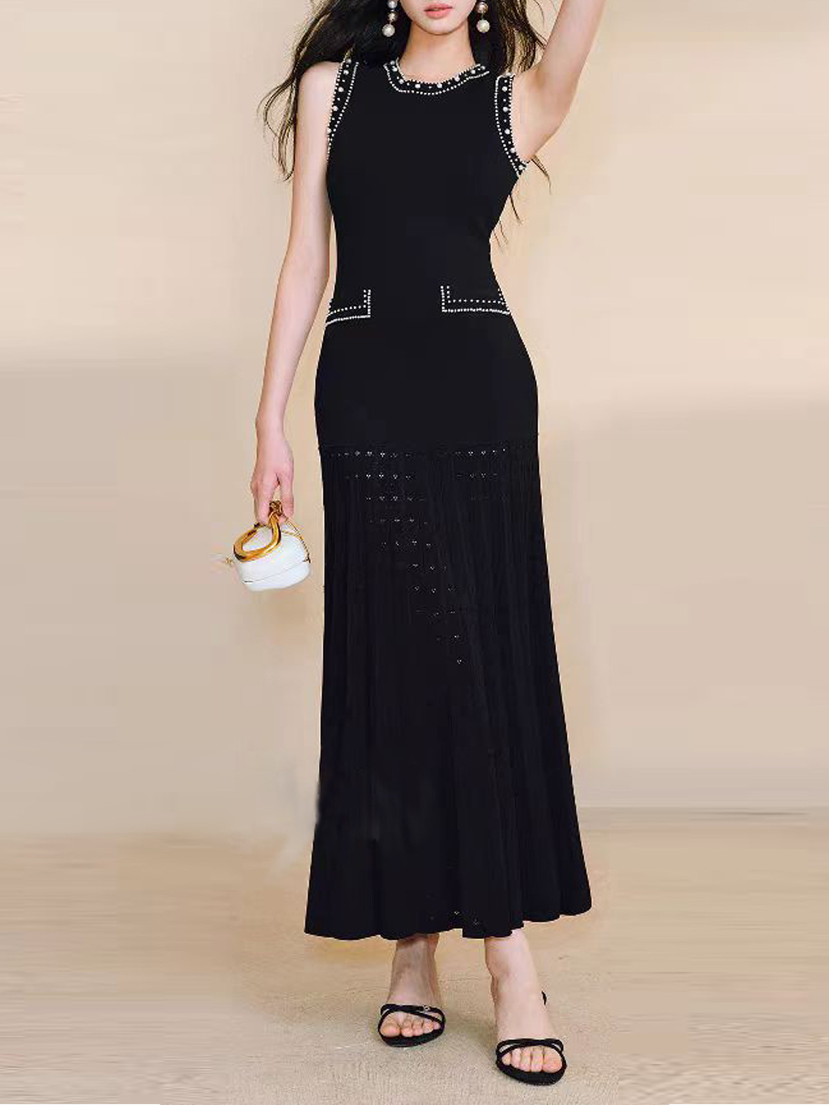 Picture of 2025 European and American Cut Out Pleated Long Skirt Accessible Luxury Pearl Hem Knitted Dress Round Neck Sleeveless Vest Dress