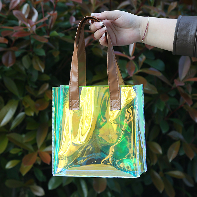 Colorful pvc transparent laser tote bag jelly bag plastic bag custom printed LOGO fashion backpack gift bag