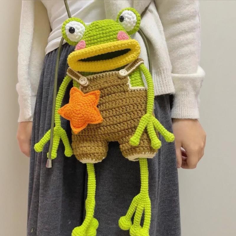 Wool crochet big-mouth frog phone bag handmade knitting DIY material kit self-made ugly cute crossbody bag parent-child bag