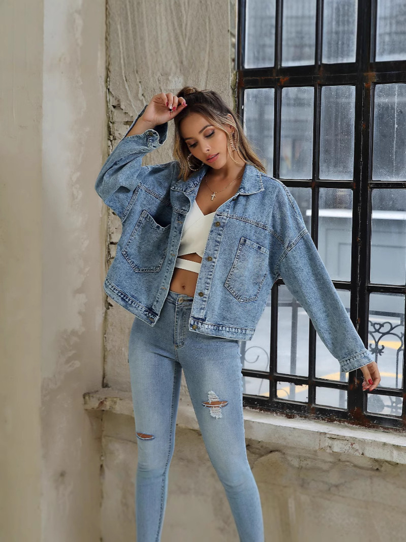 Amazon New European and American Cross-border Foreign Trade Women's Loose Retro Long Sleeve Denim Jacket Women's Jacket Top Factory