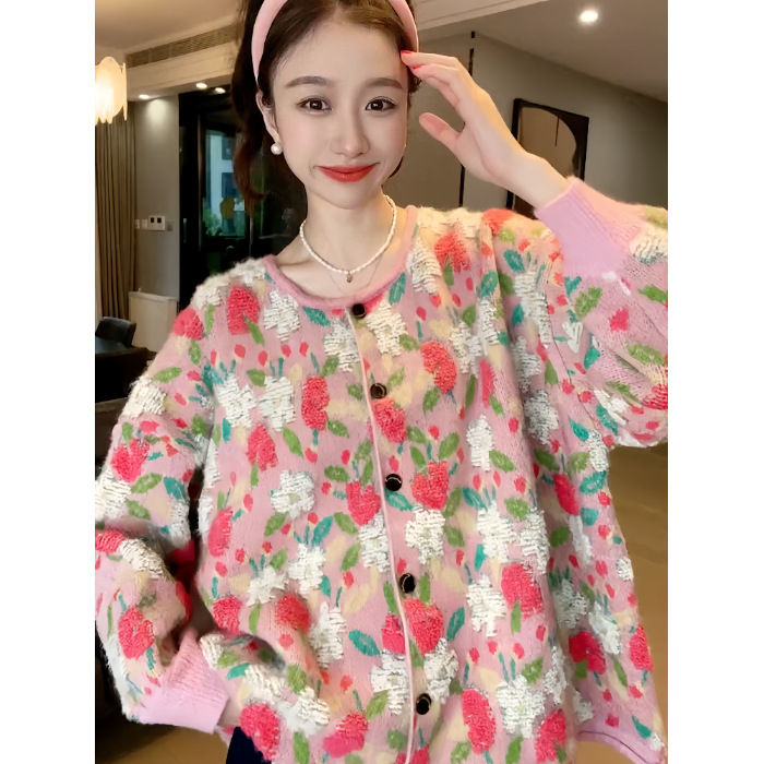 Picture of Soft glutinous lazy style cardigan sweater coat women's autumn and winter loose outer wear printed design niche sweater top