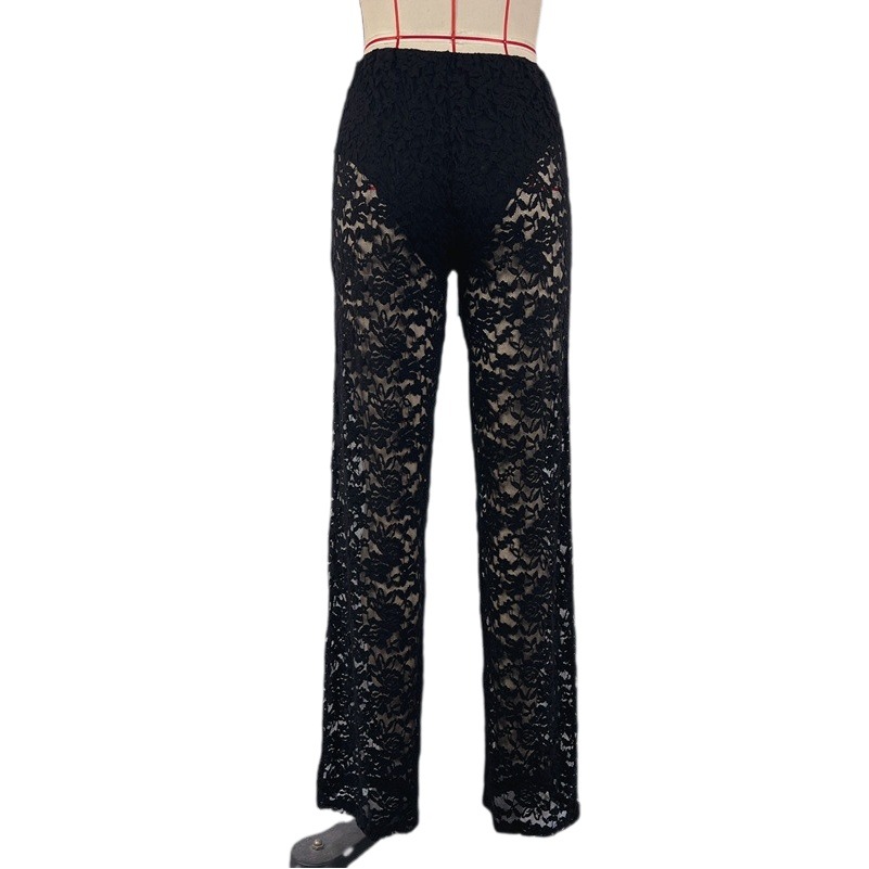 Cross-border European and American style summer hot new sexy versatile lace perspective high waist stitching long straight pants women's pants