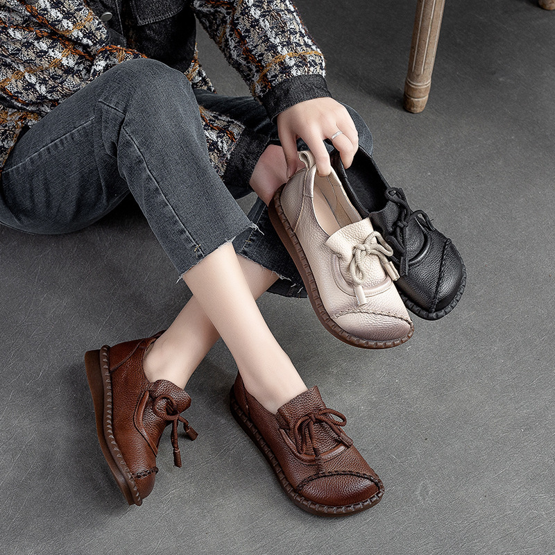 Shanghai Jiejie 2023 Spring New Flat Bottom Low Deep Mouth Color-polished Retro Women's Shoes Front Lace-up Stitch Shoes