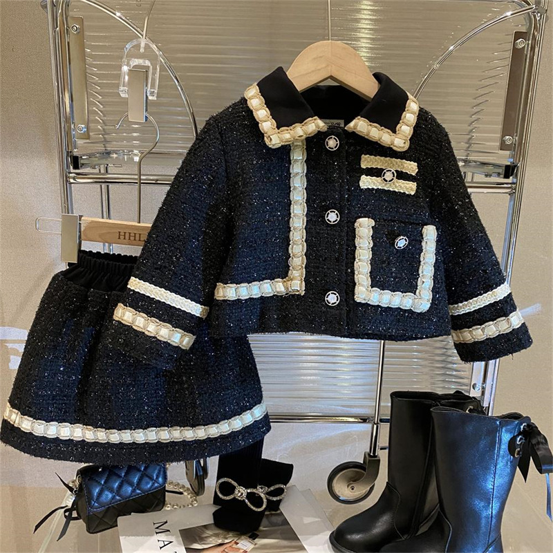 Picture of Girls' 2025 Autumn and Winter Small Fragrance Style Jacket Skirt Thickened Suit Temperament Western Style Children's Short Skirt Two-Piece Trendy Set