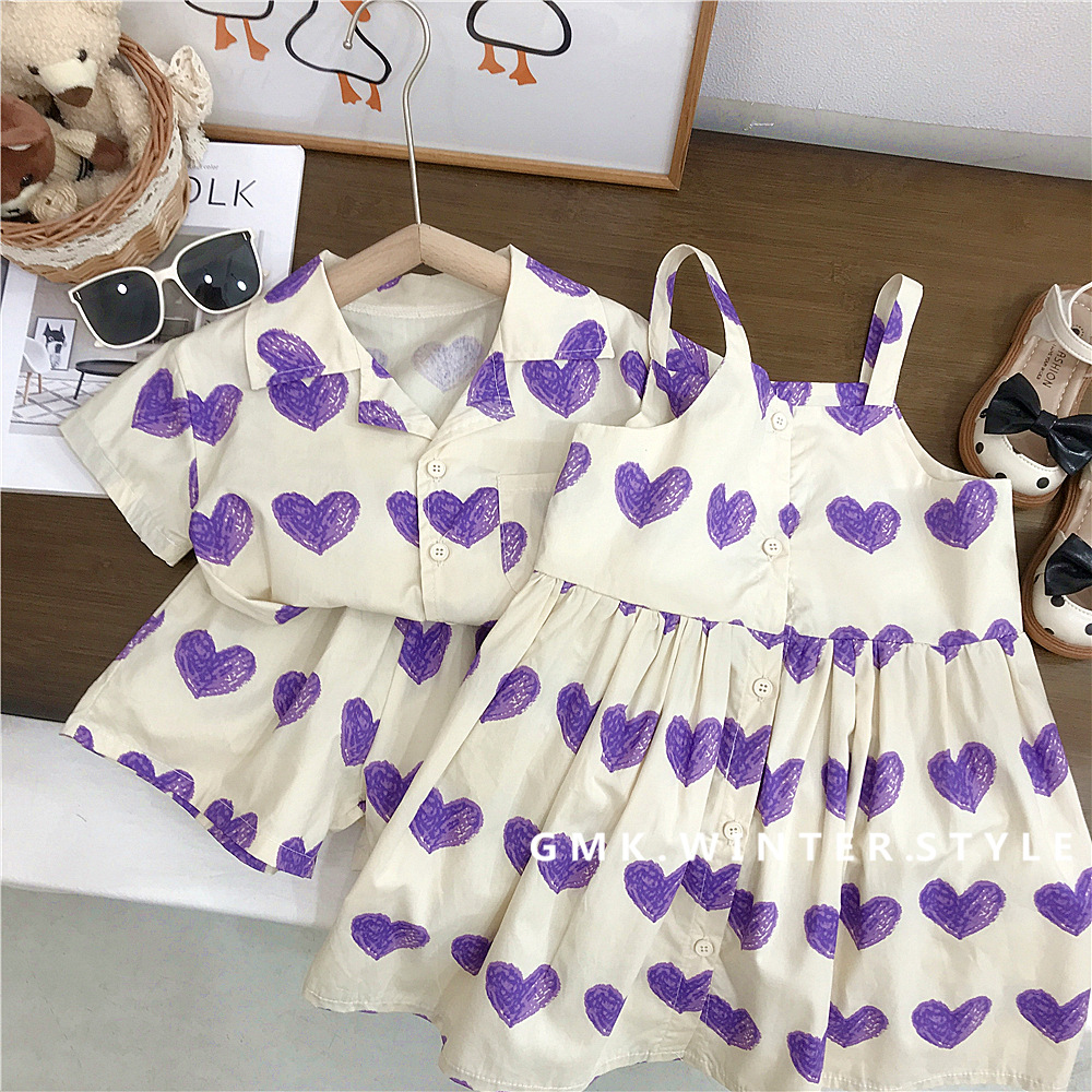 Children's Suit 2023 Summer Boys' Love Two-Piece Short-Sleeved Shorts Girls' Love Sling Dress Brother and Sister