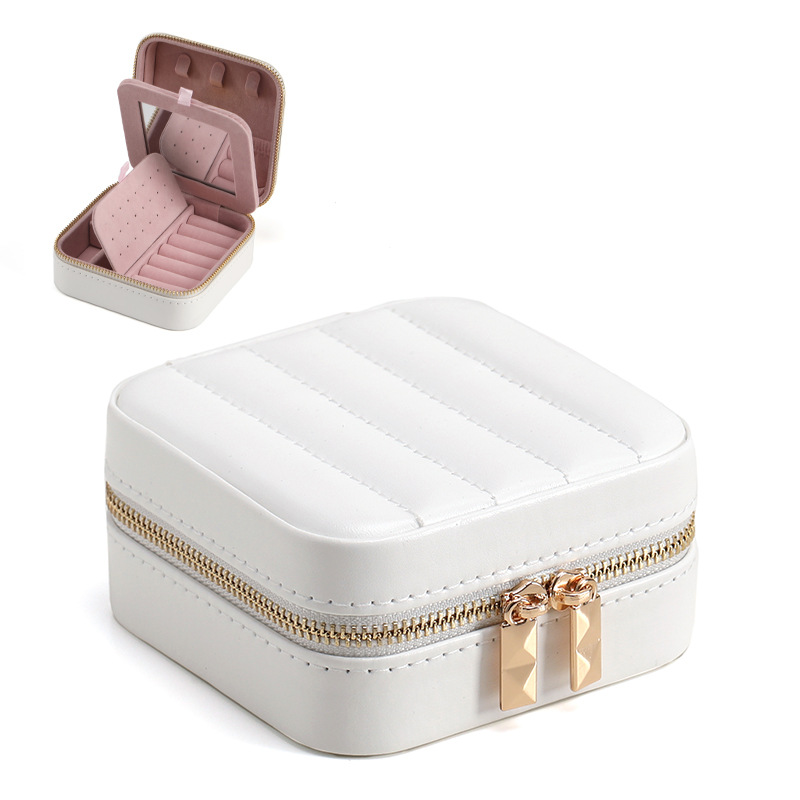 Picture of Striped Metal Zipper Jewelry Box with Mirror Jewelry Ring Necklace Storage Box Multifunctional Portable Jewelry Box