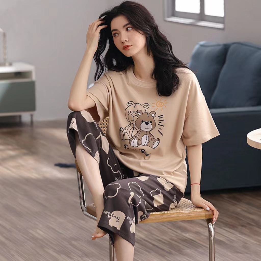 New short sleeve cropped pants pajamas women's summer simple Korean cartoon loose home clothes summer suit wholesale