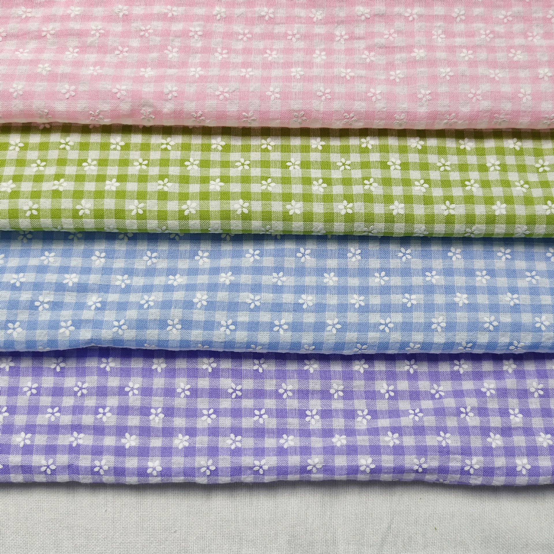 Spring and Summer Fresh Color-Woven Plaid Geometric Five-Leaf Plum Foam Printed Fabric Dress Children's Decoration Tablecloth Fabric