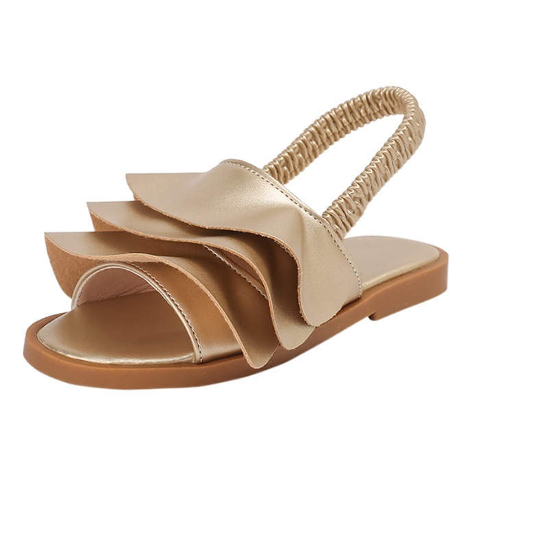 New Foreign Trade Style Ruffled Lace Girls' Sandals with Gold Elastic Band Beach Shoes Sweet Pleated Sandals Sweet Style