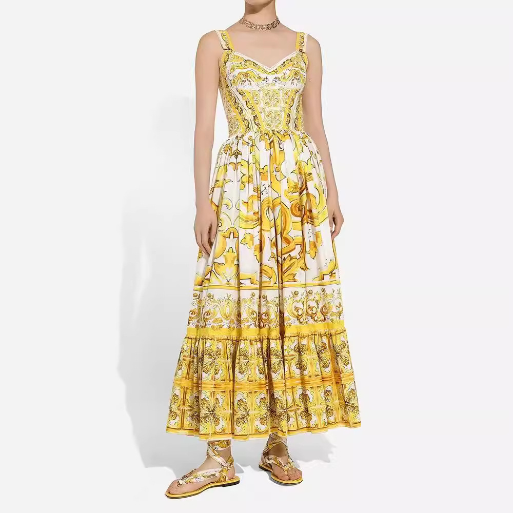 in stock Independent Station Amazon Cross-border Hot Sale New V-Neck Sling Positioning Printed Slim-fit Large dress