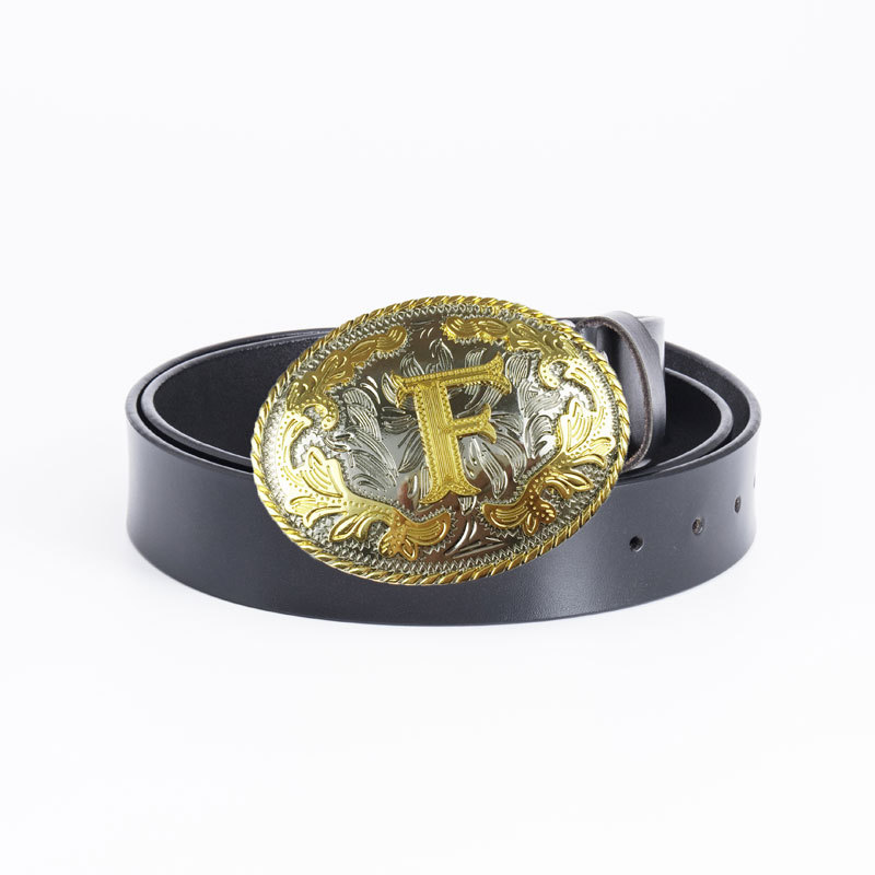 Picture of Golden men's belt whole two-layer cowhide fashion retro perforated belt buckle 3.8cm wide cross-border e-commerce