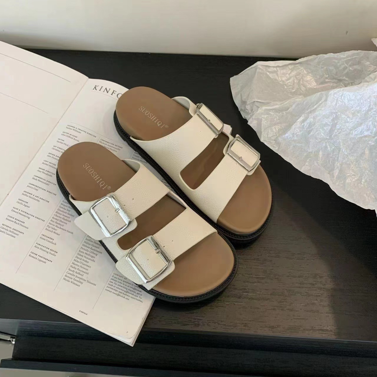 2024 New Summer Casual Birkenstock Thick-Soled Sandals for Women's Outer Wear Fashionable Square Buckle Double-Strap Non-Slip Slippers