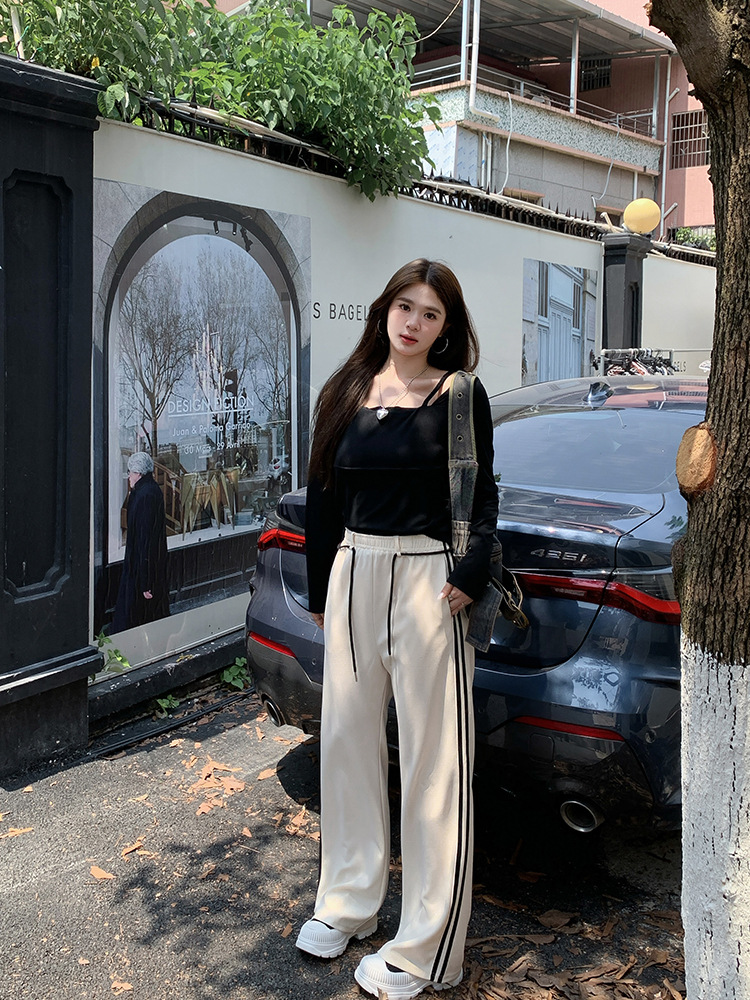 Picture of 63548丨Autumn and Winter High-Waisted Stripesd Strap Straight Casual Pants for Women Plus Size Women's Slimming Look Slightly Fat mm Wide-Leg Pants