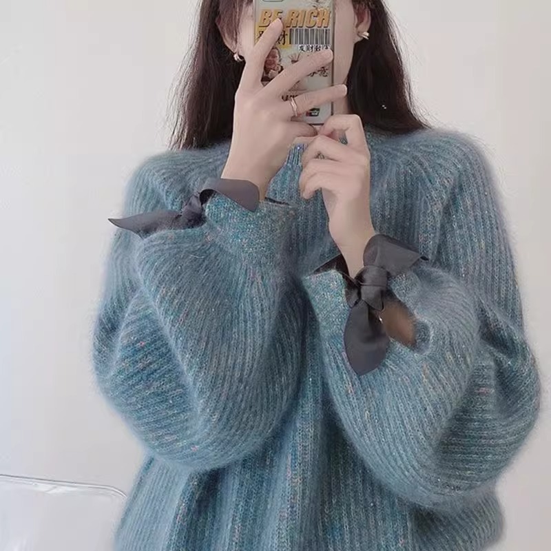 Blue sweater outer wear women raccoon velvet bright silk European station 2023 autumn and winter New thick French loose lazy top