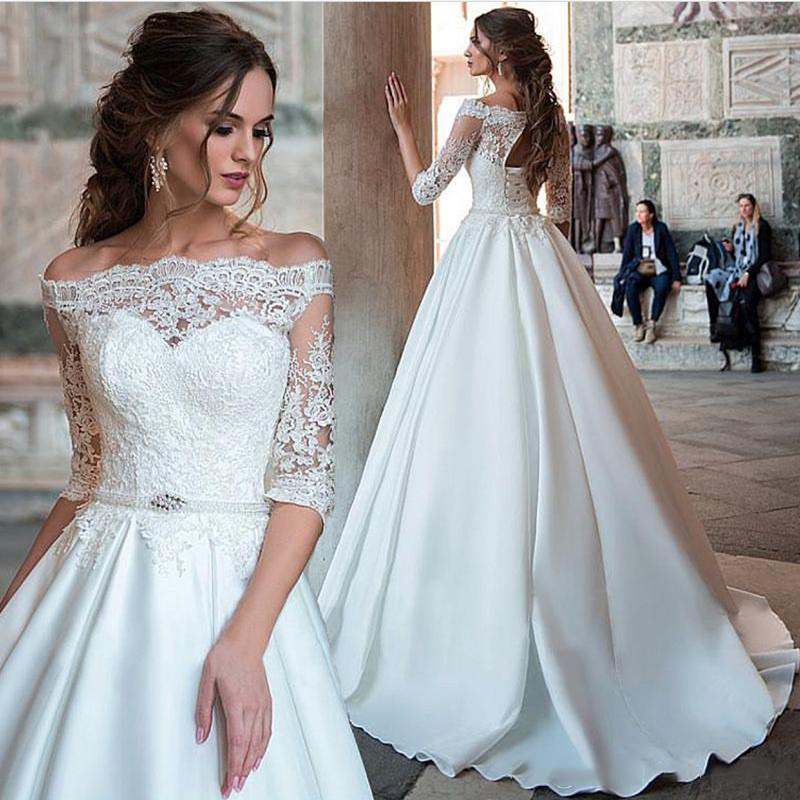 Foreign Trade 2025 New One-Shoulder Short-Sleeved Slim Lace Tail Satin a Version Backless Wedding Dress Travel Photography