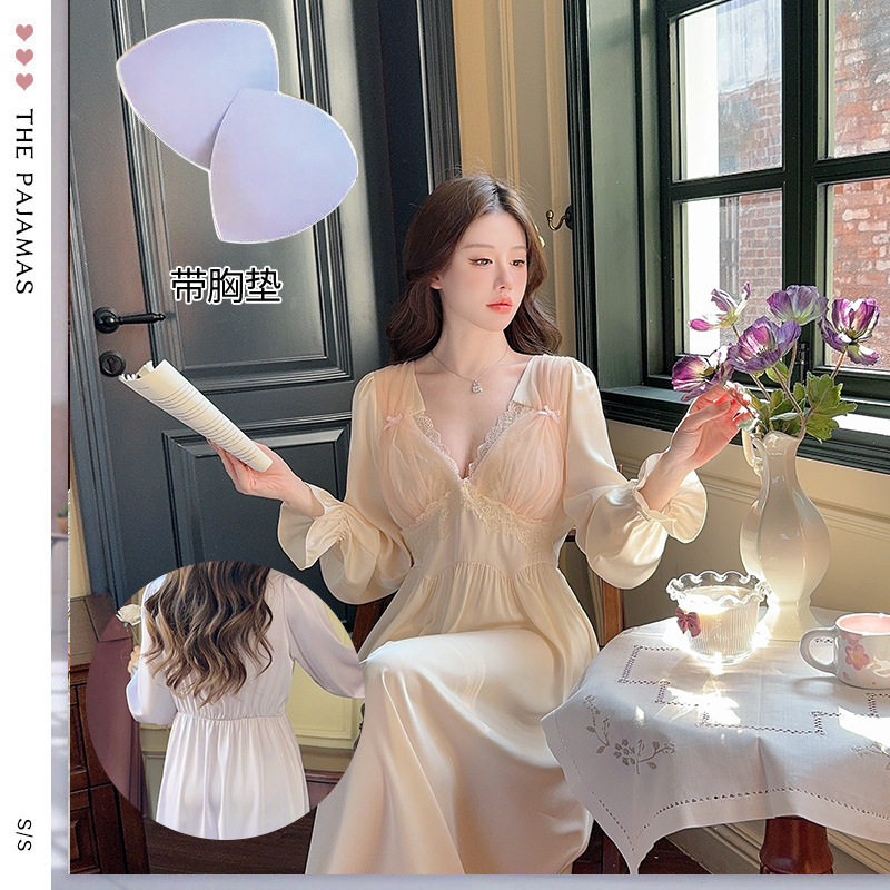 Factory Straight Hair Satin Chiffon Lace Edge Home suit V-Neck Comfortable Pajamas Nightgown with Chest Pad Sexy Long Dress