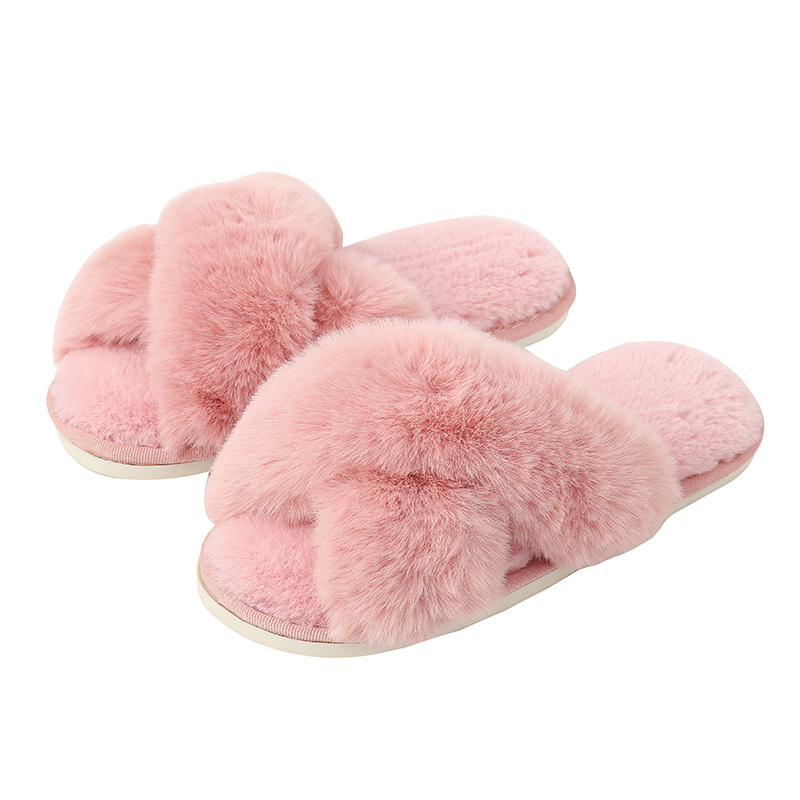 Picture of Amazon Slippers Winter Plush Cross-Strap Cotton Indoor Warm Plus Large Fur Slippers Women's High and Low Imitation Rabbit Fur