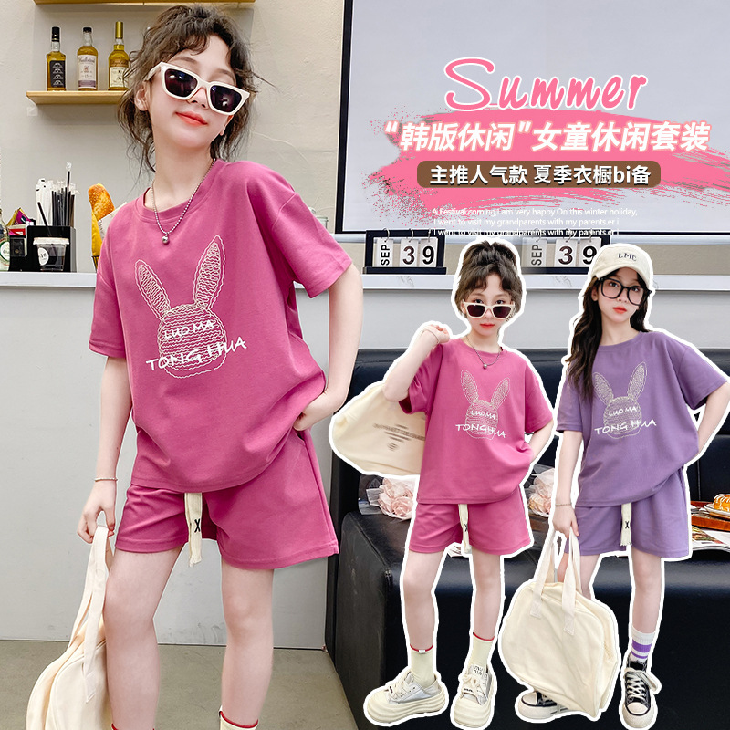 2024 Summer New Girls Sports Leisure suit Baby Children Korean Style Fashionable T-Shirt Shorts Two-piece Set