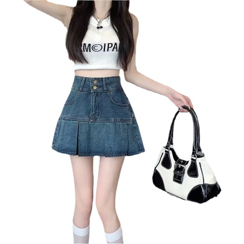 High waist pleated Denim skirt for women 2023 spring and summer new slimming design sense a-Line hot girl sheath short skirt