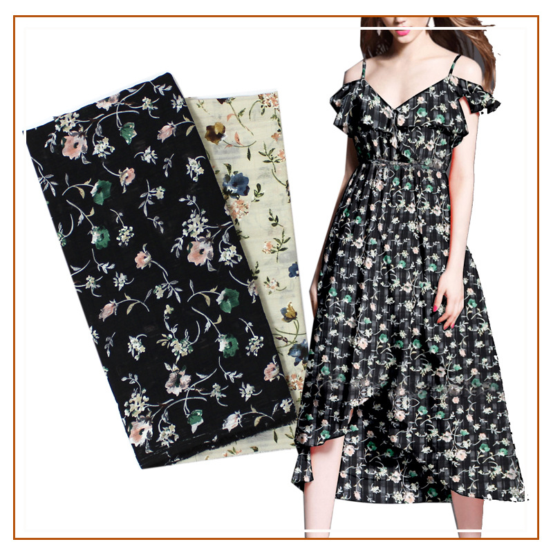 Three-jet grid small floral print hidden lattice fabric dress shirt sundress girls' semi-transparent women's fabric