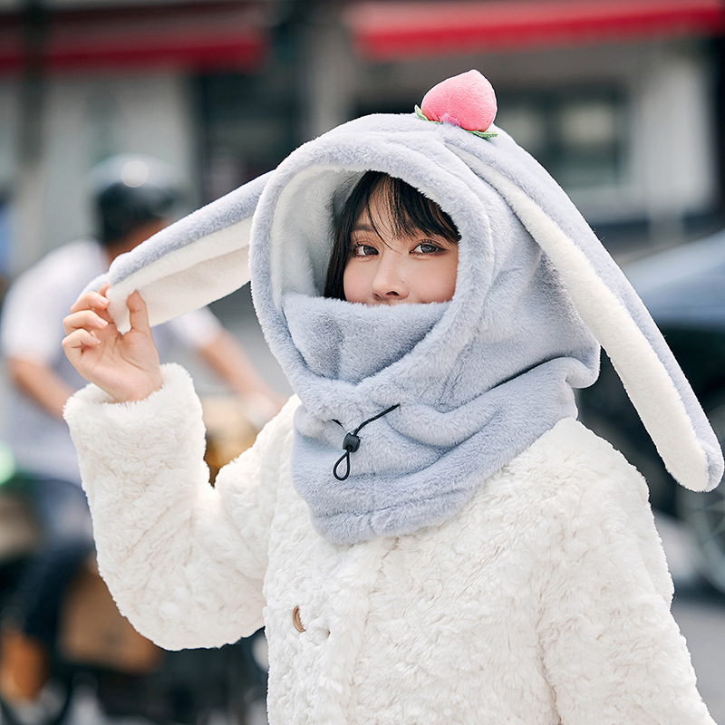 Picture of Winter Warm Peach Rabbit Mask Hat and Scarf Integrated Xiaomei Same Style Outdoor Skiing and Cycling Helmet Hat Cute