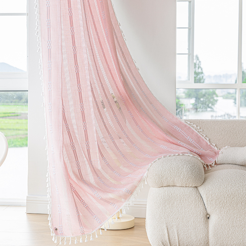 Picture of Cross-border exclusive for Nordic cotton and linen curtains multi-color solid color cotton and linen yarn semi-transparent bedroom living room floor curtains with yarn