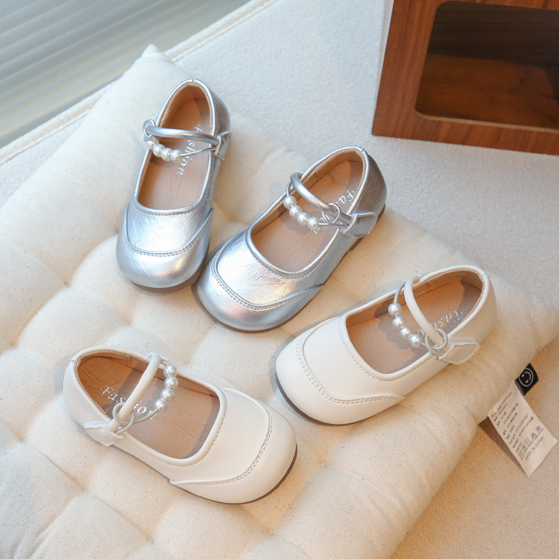 Girls' Small Leather Shoes 2025 Spring New Kidsren's Princess Shoes Soft Sole Girls Silver Flats Girls' Shoes Spring and Summer