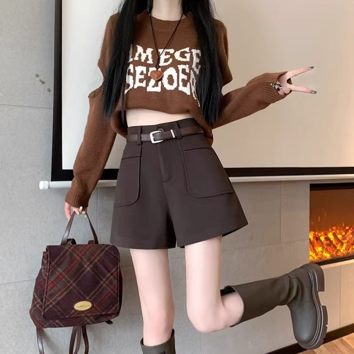 Black Woolen Shorts Women's 2024 Autumn and Winter New High Waist Slimming A- Shaped Outer Wear Casual Pants Internet Popular All-Match Boot Pants