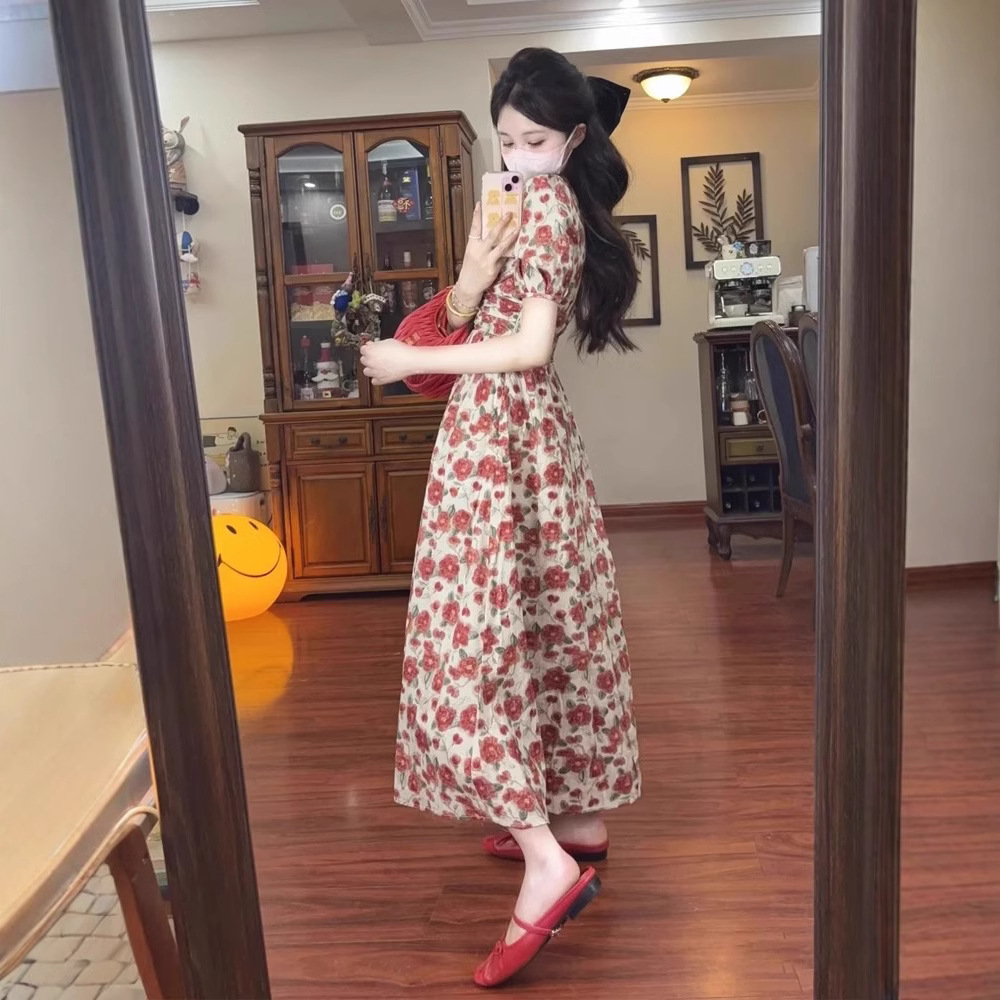 French Style Puff Sleeve Floral dress Women's Summer 2025 New Style Small-sized Waist Slimming Long Dress