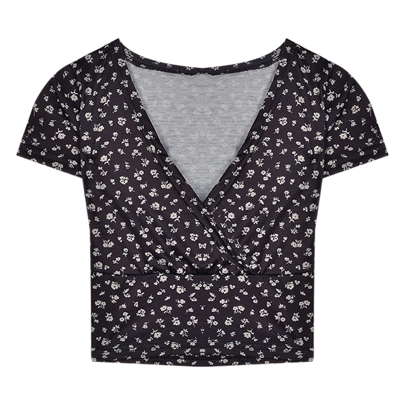 2025 New Summer Bottoming Shirt Women's Short Navel-Baring Casual Deep V Neck Small Floral Short-Sleeved T-Shirt Women's Top