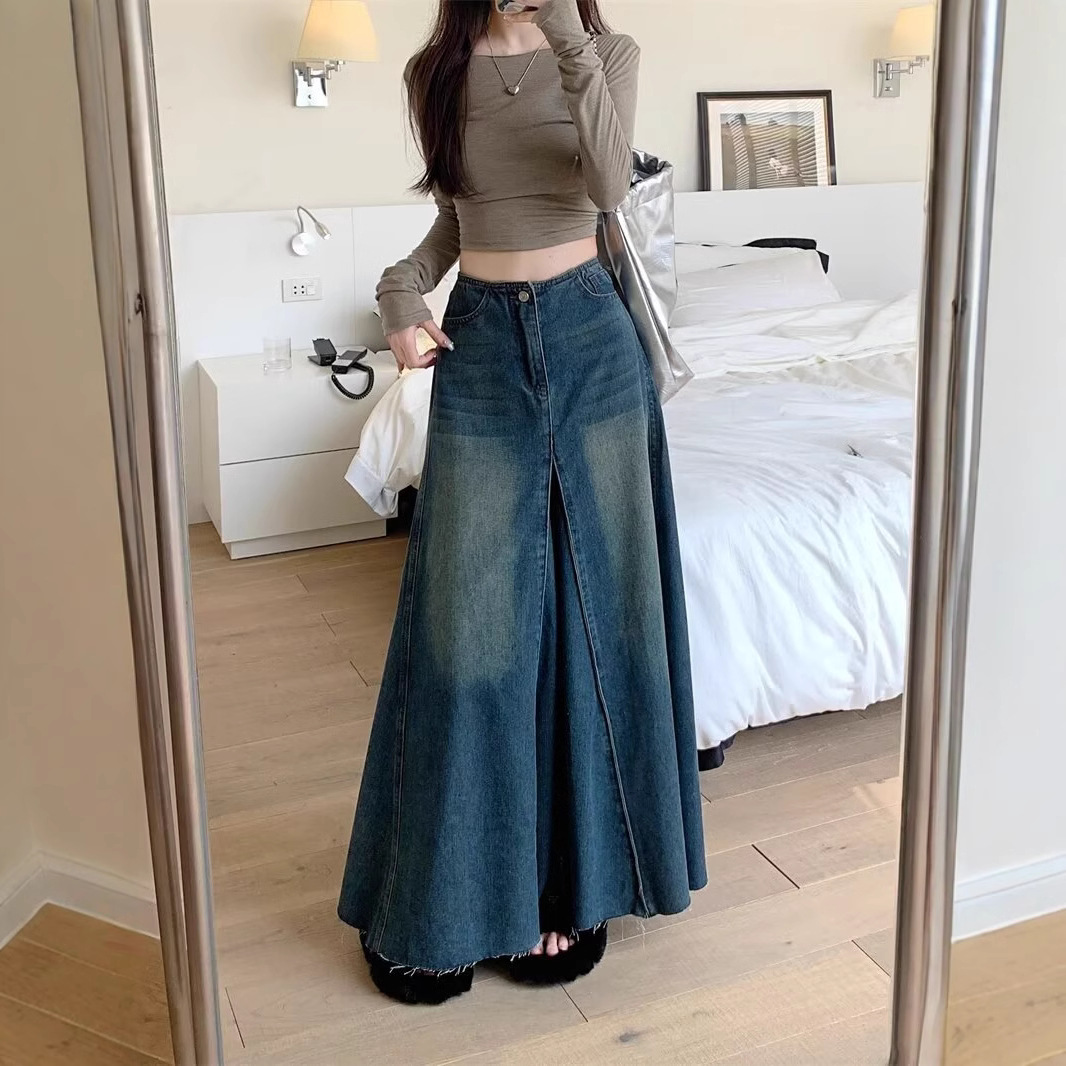 Vintage Washed Denim Skirt Women's 2025 New Spring High Waist Slim A- line Large Skirt Stitching Long Skirt