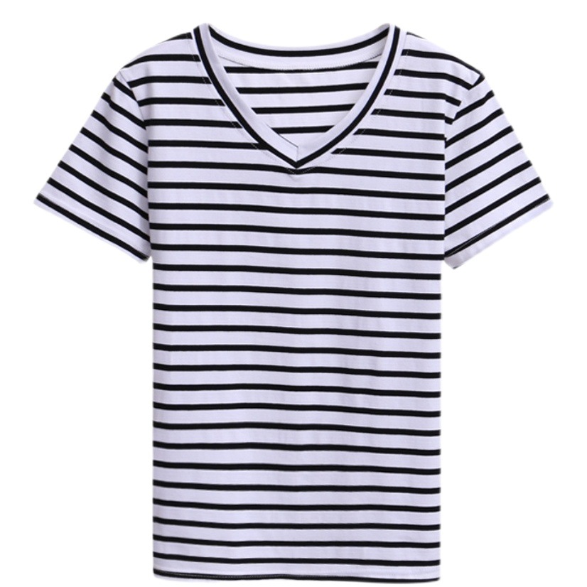 Middle-aged Mom's Striped Short-sleeved T-shirt Women's Summer plus size Loose Cotton T-shirt Western Style Half-sleeved V-neck Top