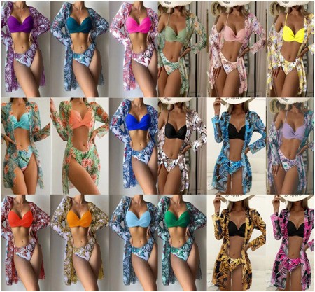 2023 new bikini European and American cross-border swimsuit three-piece mesh shawl blouse split printed bikini