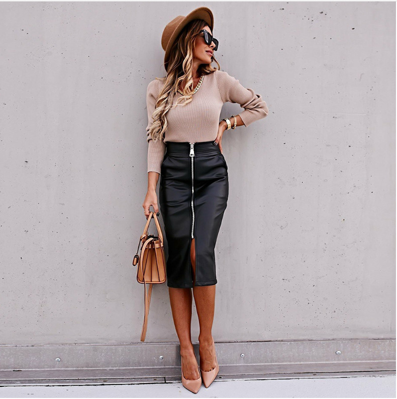 Cross-border Amazon High Waist Front Middle Split Matte Pu Leather Socialite Elegant Lady Mid-length Leather Skirt